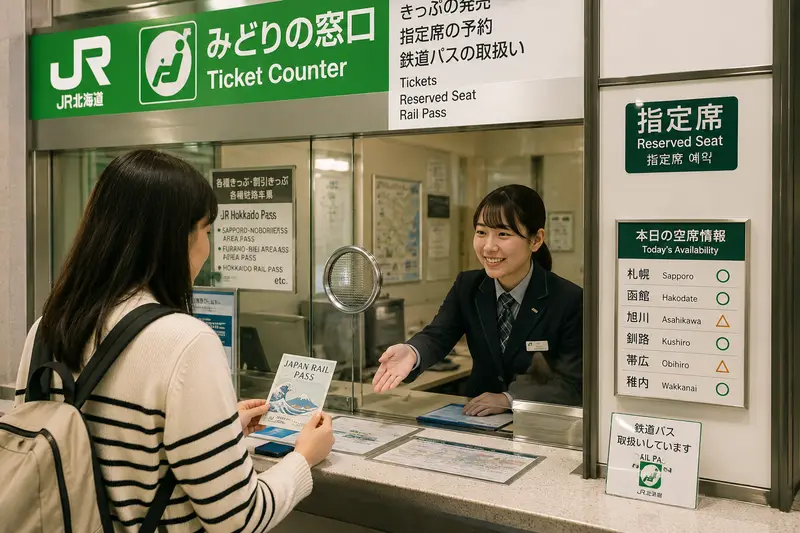 JR 北海道車站售票與指定席劃位窗口，旅客持鐵路周遊券準備劃位