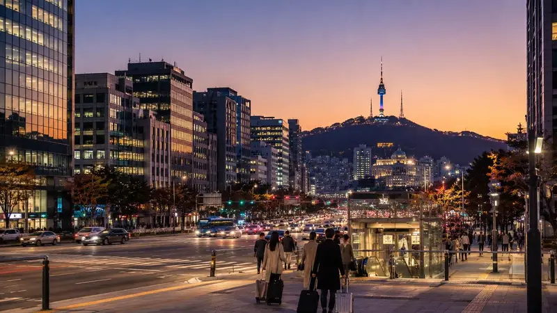 首爾市區傍晚街景與拖著行李準備前往住宿區的旅客。