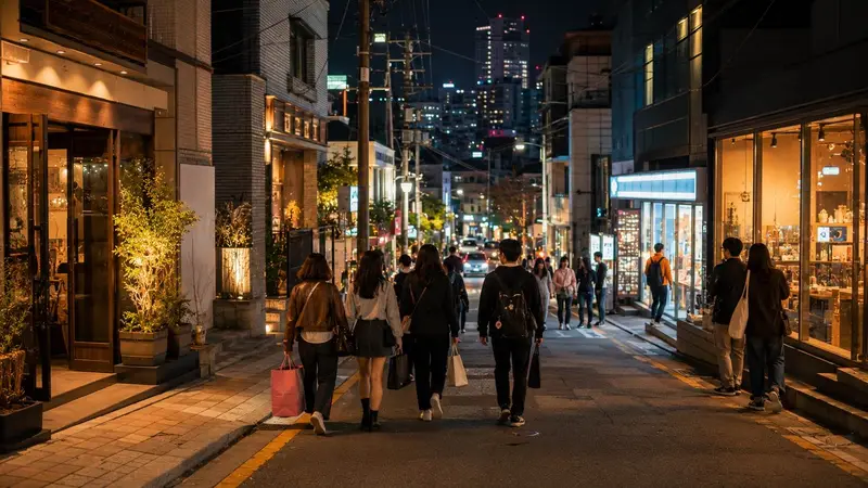弘大夜晚街景與適合追星旅客入住的住宿區域
