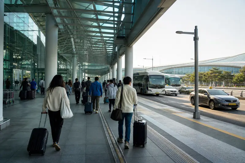 仁川機場抵達大廳外的接駁車與計程車動線。