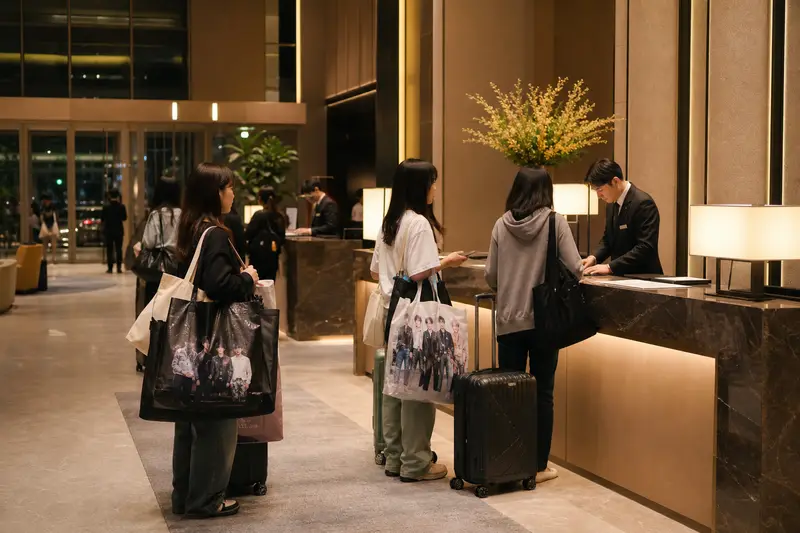 仁川機場周邊飯店大廳與準備入住的演唱會旅客。