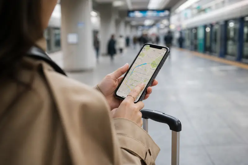 旅客在韓國車站使用手機地圖查詢前往 INSPIRE Arena 的路線。