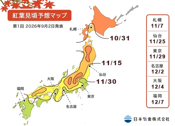 2026日本紅葉見頃預測｜全國51城市時間一次看，這幾個地方比往年晚要留意