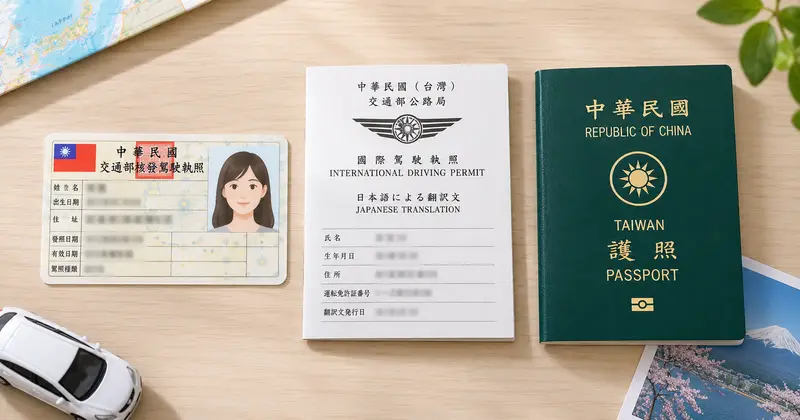 台灣駕照正本、監理站核發的日文譯本與護照三份證件並排放置的示意照