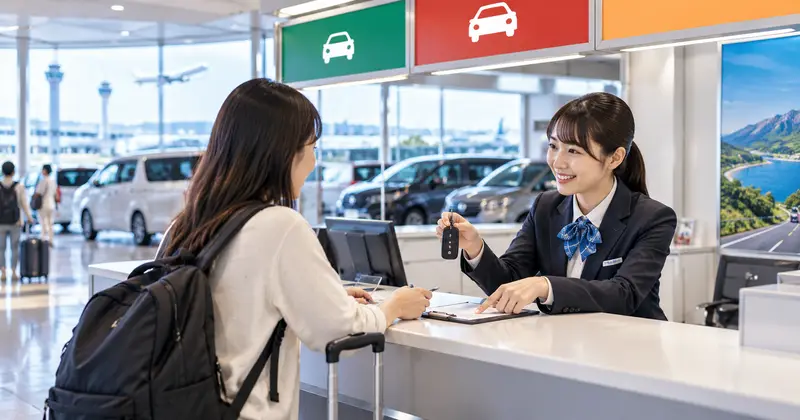 機場旁租車公司櫃檯，旅客正在辦理取車手續的畫面
