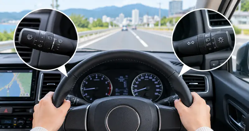 日本右駕車輛駕駛座視角，方向盤右側方向燈撥桿與左側雨刷撥桿的特寫