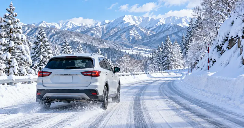 白雪覆蓋的日本山區道路上，一輛裝有雪胎的自駕租車行駛的畫面