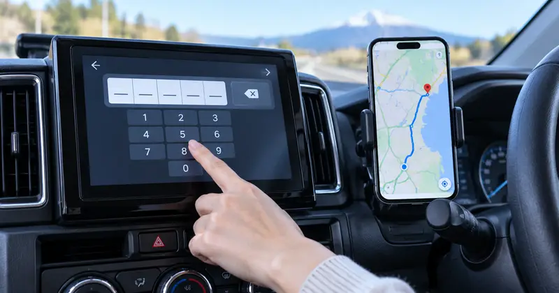 日本租車車用導航面板顯示MapCode輸入畫面，旁邊放著一支手機架掛Google地圖的對照