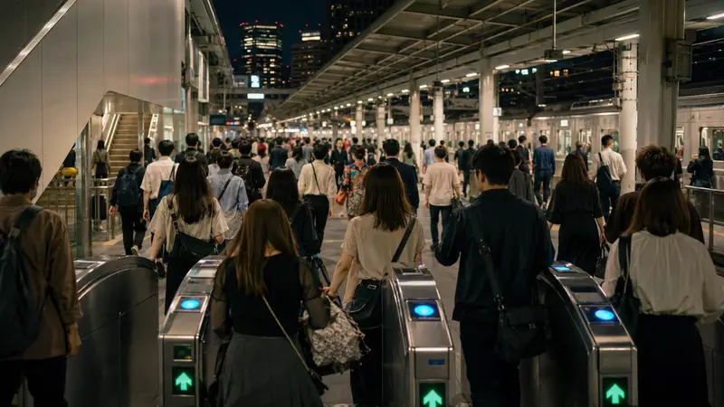 日本演唱會散場後車站人潮與夜間電車動線。