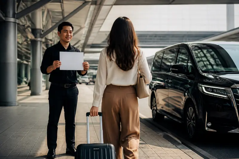 中文司機舉牌接機情境，旅客拖著行李走向接送車輛
