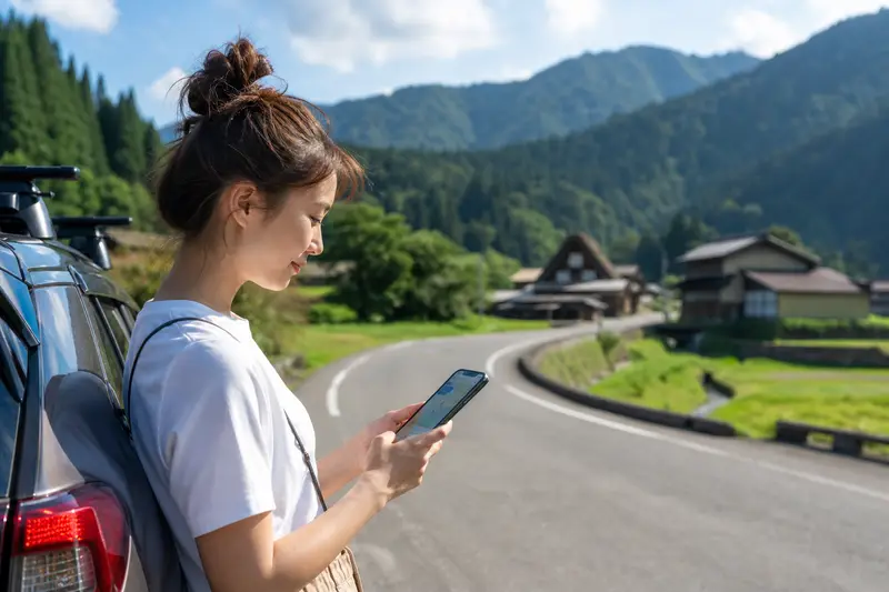 日本鄉間道路上的自駕旅客查看手機地圖，遠處是山區基地台
