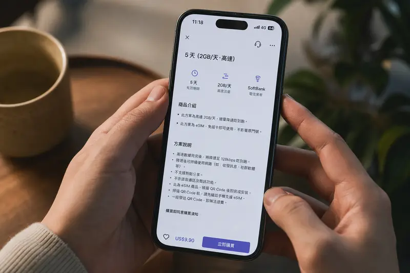 手機畫面放大檢視 eSIM 商品頁的降速條款小字