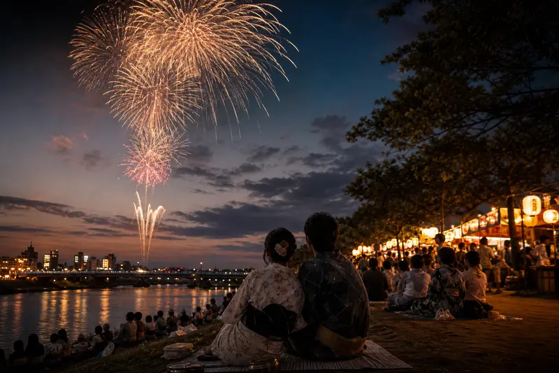 日本河畔花火大會夜空綻放煙火，遊客坐在河岸欣賞夏季祭典。