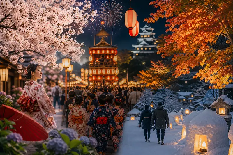 日本四季祭典意象包含櫻花、夏日燈籠、紅葉與冬季雪燈。