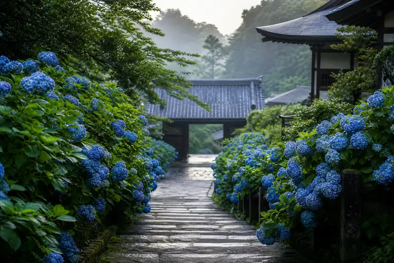 鎌倉寺院石階兩側盛開的藍色繡球花。