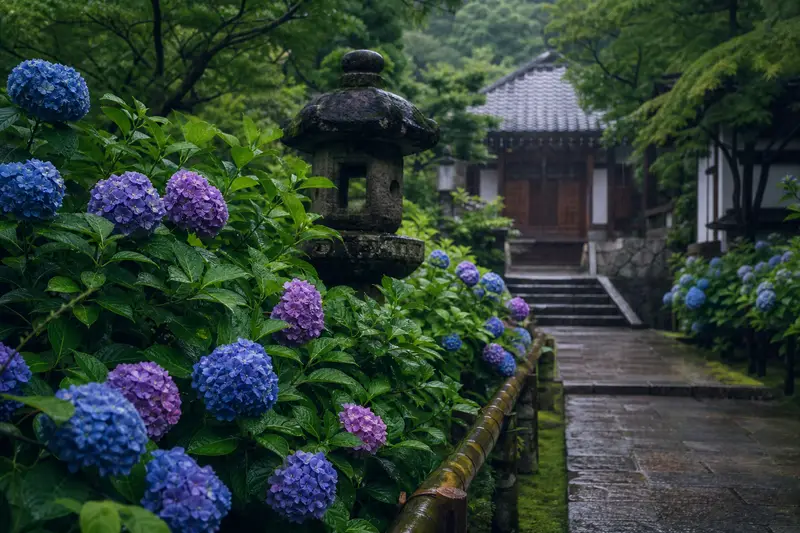 京都寺院庭園雨中盛開的紫藍色繡球花。
