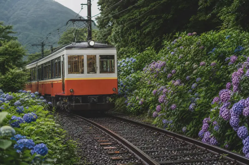 箱根山間電車行經繡球花盛開的鐵道旁。