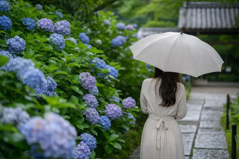旅人在陰天雨中撐傘欣賞盛開的繡球花。