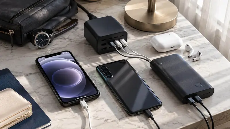 出國旅行使用多孔 USB-C 充電器為手機、耳機與行動電源充電。