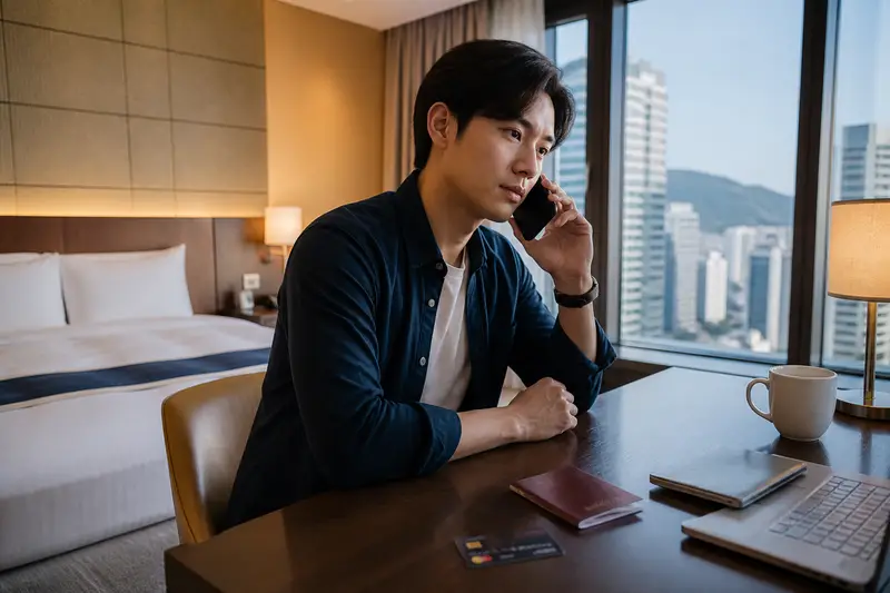 旅客在飯店房間撥打銀行海外客服電話，桌上放著信用卡與護照