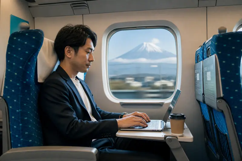新幹線車廂內旅客連接免費 Wi-Fi 使用筆電的情境