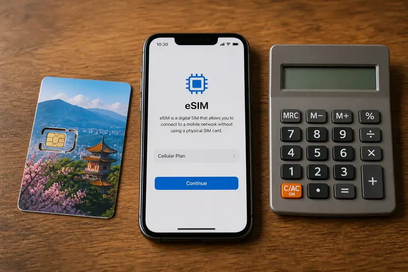 桌上並排的台灣 SIM 卡、手機 eSIM 設定畫面與計算機，示意費用比較