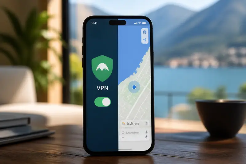 手機螢幕顯示 VPN 連線開關與地圖 App 並排，示意何時該開何時該關