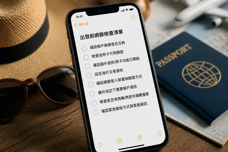 手機備忘錄畫面列出出發前網銀檢查清單的示意圖
