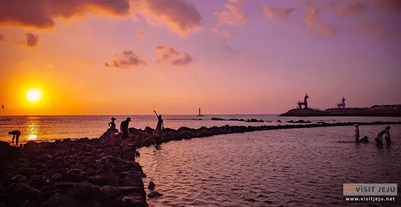 梨湖海水浴場紅白雙馬燈塔與夕陽