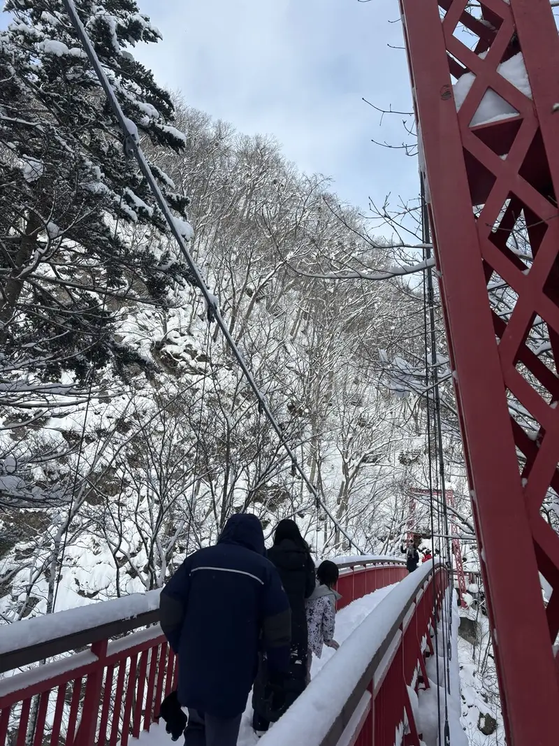 定山溪溫泉街景，溪谷地形與溫泉旅館林立，溫泉蒸氣升起