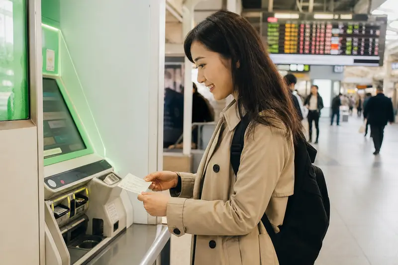 旅客在 JR 售票機掃描護照與 QR code 領取周遊券