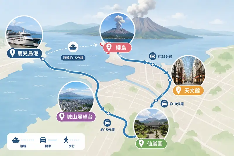 鹿兒島一日遊路線示意圖：鹿兒島港－櫻島－天文館－仙巖園－城山展望台