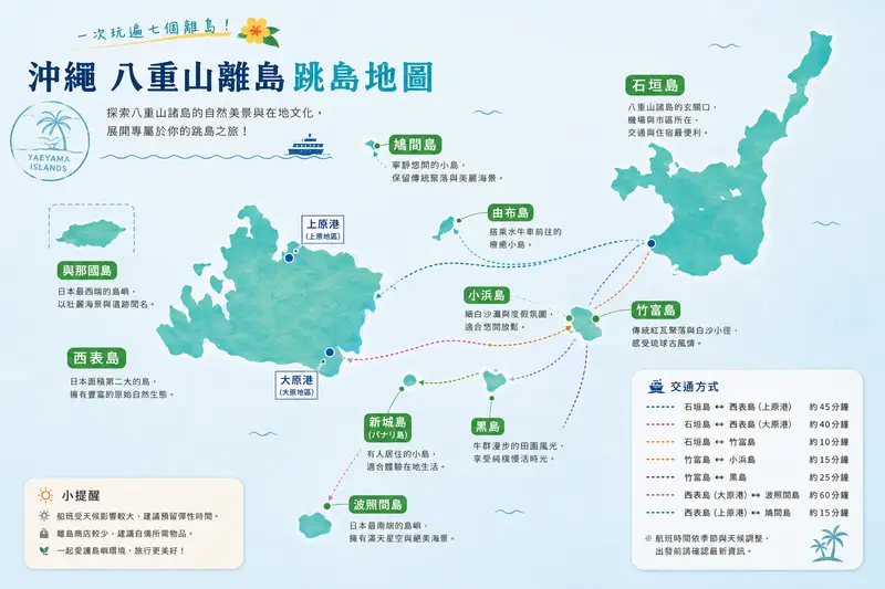 沖繩八重山離島跳島路線示意
