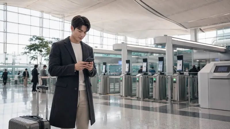 旅客在仁川機場使用手機登錄 SmartPass 臉部辨識服務