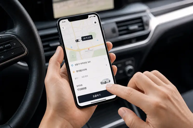 Kakao T 叫計程車輸入目的地與派車畫面