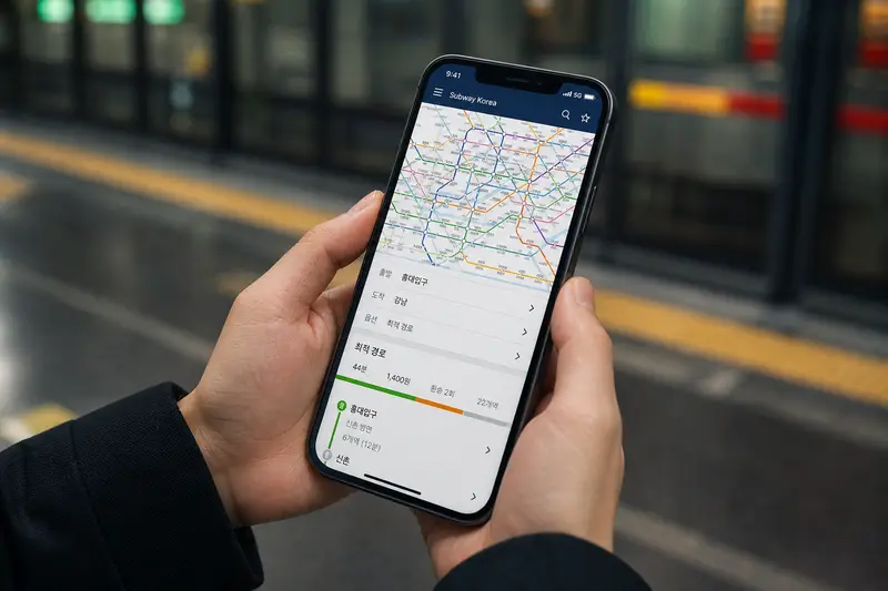 Subway Korea 首爾地鐵路線圖與轉乘查詢畫面