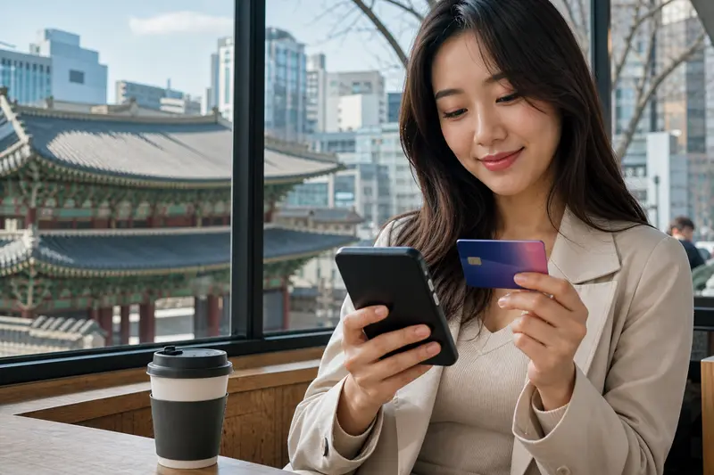 旅客在首爾使用旅遊支付卡與手機查詢外送服務。