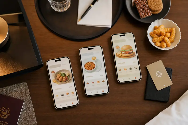 飯店桌上擺放手機、護照與韓國小吃，象徵比較外送 App。
