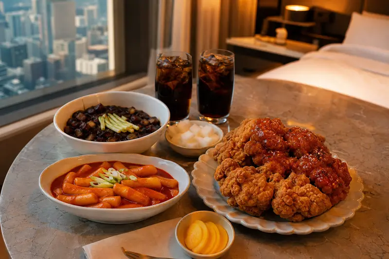 韓國外送常見餐點包含炸雞、辣炒年糕與炸醬麵。