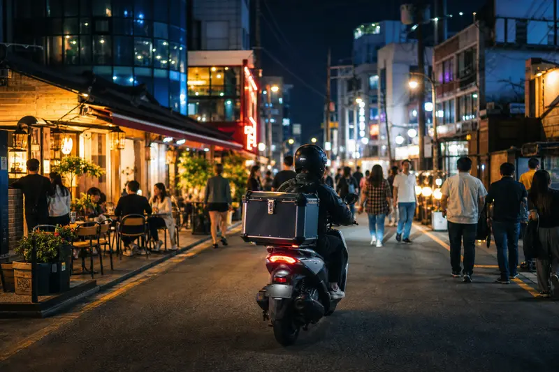 首爾夜晚街頭外送員穿梭在熱鬧餐廳區。