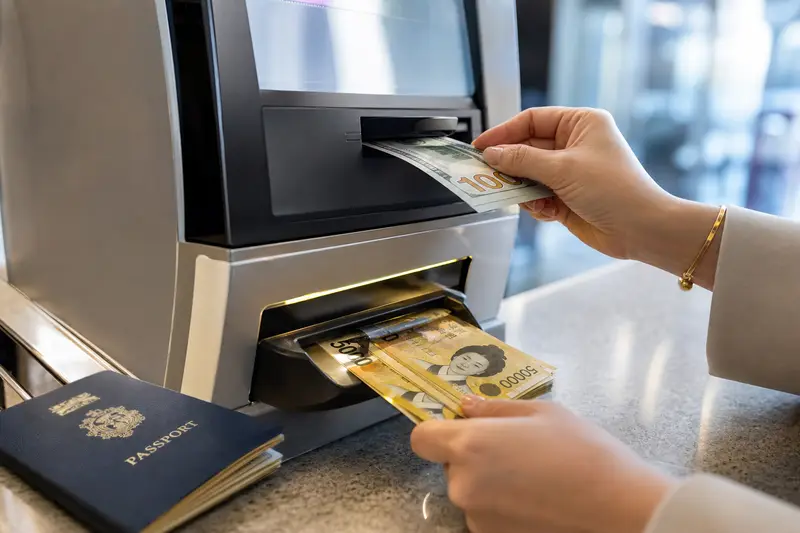 旅客將外幣紙鈔放入自助換錢機並領取韓元