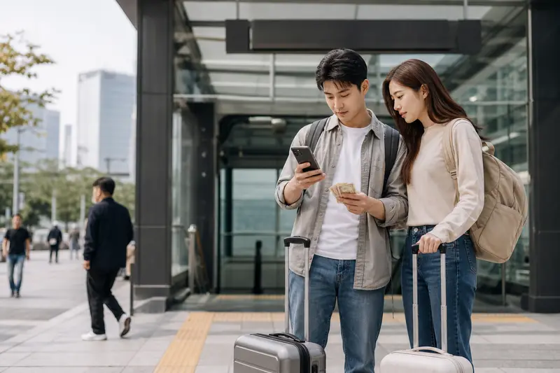 韓國自由行旅客在首爾車站附近拖行李規劃交通與現金