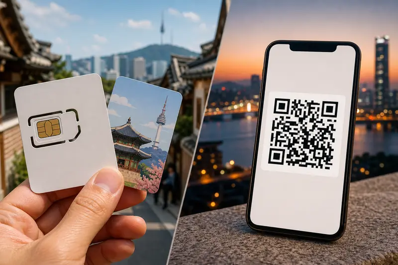 韓國上網卡選擇比較－實體 SIM 卡與 eSIM QR code 對照圖