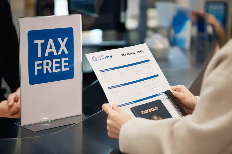 TAX FREE 退稅標誌、退稅單與護照特寫