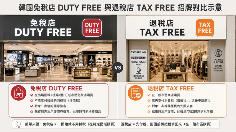 免稅店 DUTY FREE 與退稅店 TAX FREE 招牌對比示意