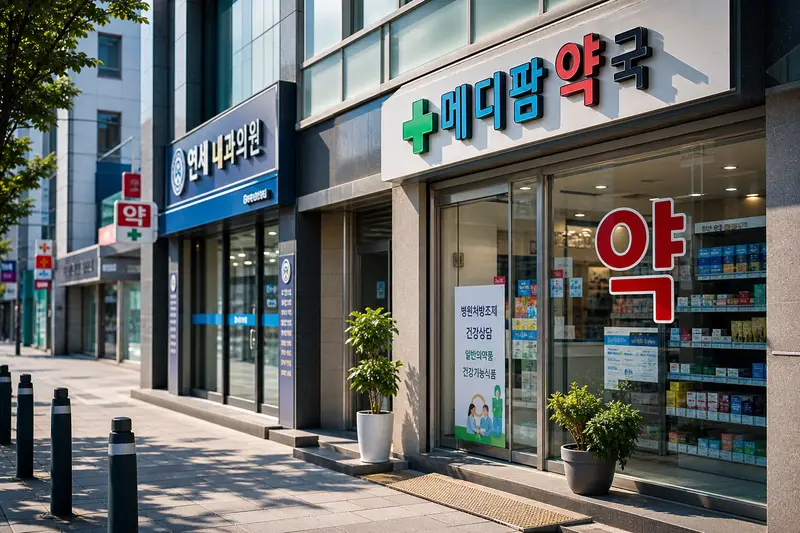 韓國藥局與診所招牌，明亮整潔的街邊店面