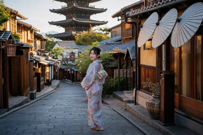 旅人穿和服在京都東山石板路散步，適合清水寺與祇園半日行程。