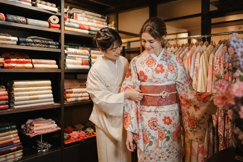 日本和服租借店內陳列多款和服與腰帶，旅人正在挑選造型。