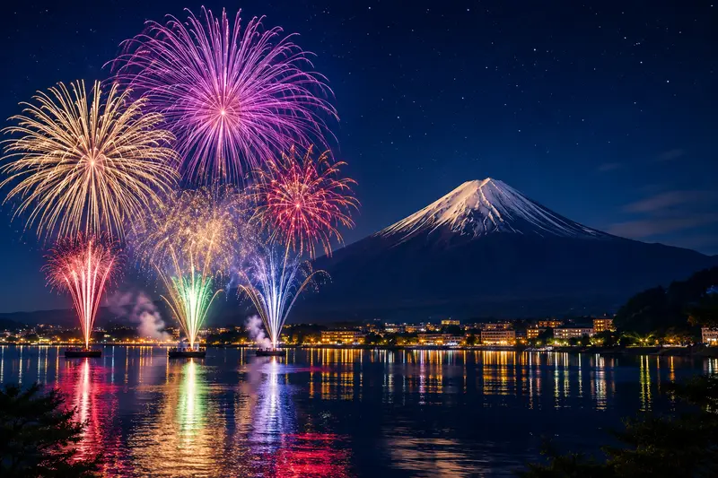 河口湖湖上祭花火與富士山夜景示意