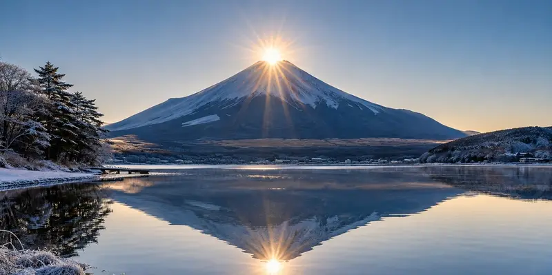 山中湖冬季鑽石富士：夕陽正落在富士山頂